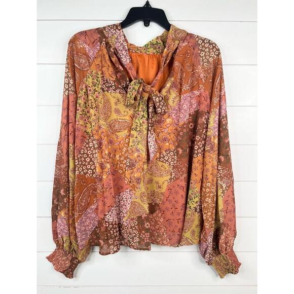 Aura Floral Paisley Patchwork Long Sleeve Peasant Blouse Size L Tie Back - Picture 3 of 12
